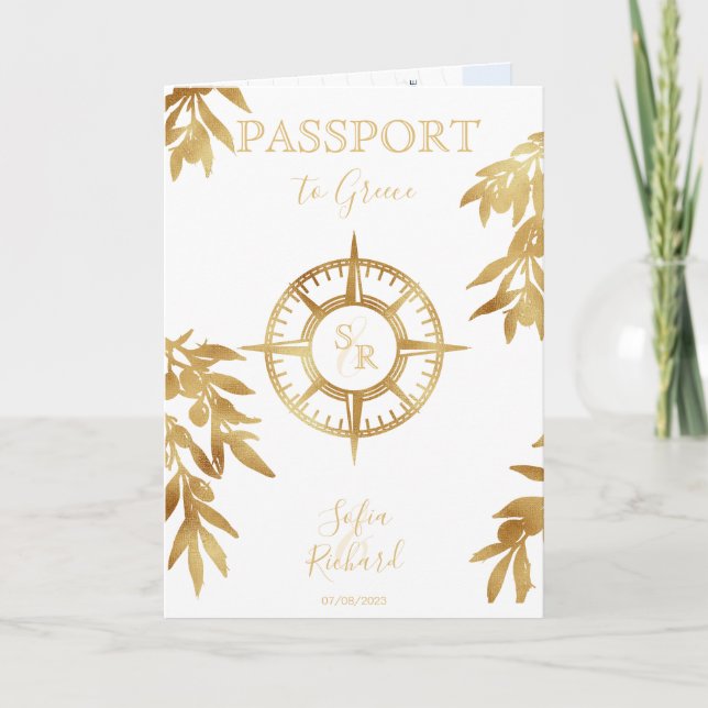 Chic Greece Destination Wedding Passport QR Code  Invitation (Front)