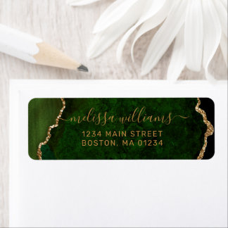 Chic Green Agate Gold Script Monogram Address Return Address Label