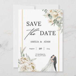 Chic Green and Beige Leaves Save the Date Wedding Invitation