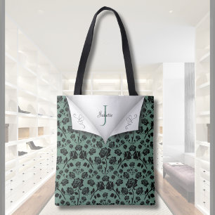 Chic Green and Black Rose Monogram Tote Bag