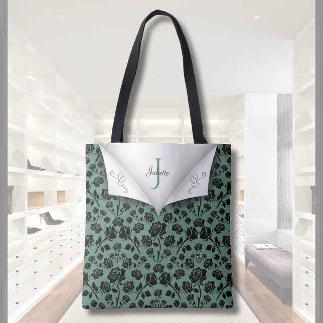 Chic Green and Black Rose Monogram Tote Bag (Chic Green and Black Rose Monogram Tote Bag)