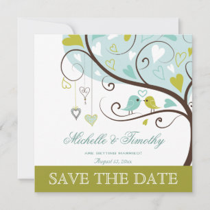 Chic green and blue love birds heart save the date invitation