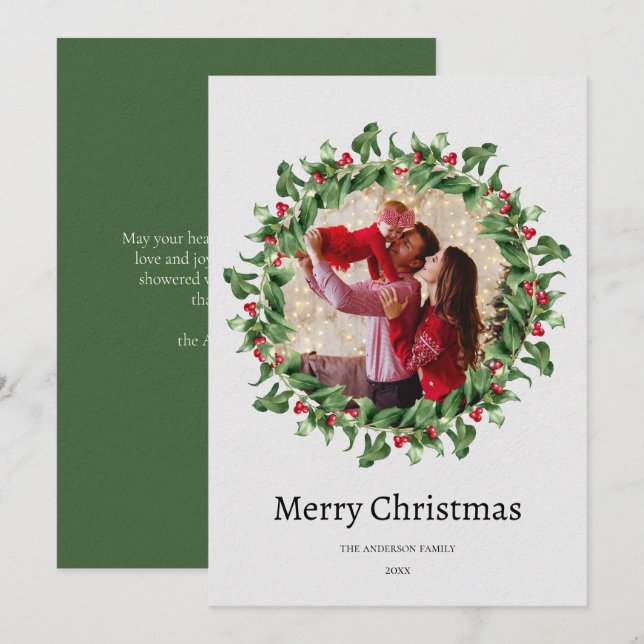Chic Green and Red Floral Christmas Photo   Holiday Card (Front/Back)