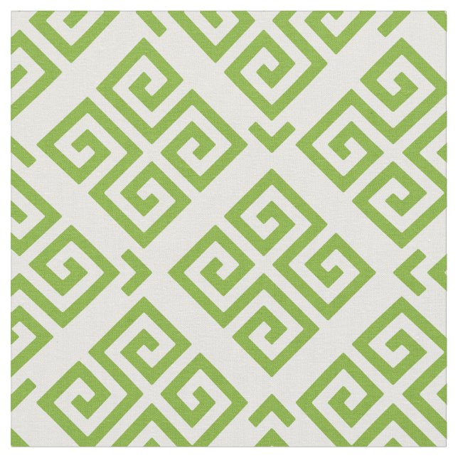 Chic green and white greek key geometric patterns fabric (Close Up)