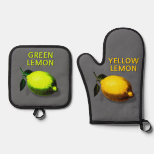 Chic Green and Yellow Lemon Kitchen Oven Mitt & Pot Holder Set