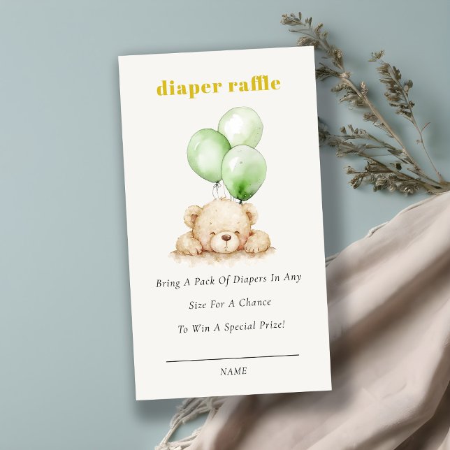 Chic Green Bear Balloon Diaper Raffle Baby Shower Enclosure Card (Creator Uploaded)
