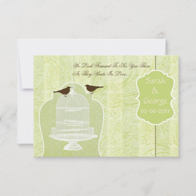 Chic green bird cage, love birds RSVP 3.5 x 5 (Front)