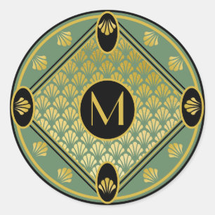 Chic Green & Black Art Deco Fan Pattern Monogram Classic Round Sticker