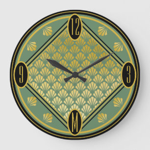 Chic Green & Black Art Deco Fan Pattern Monogram Large Clock