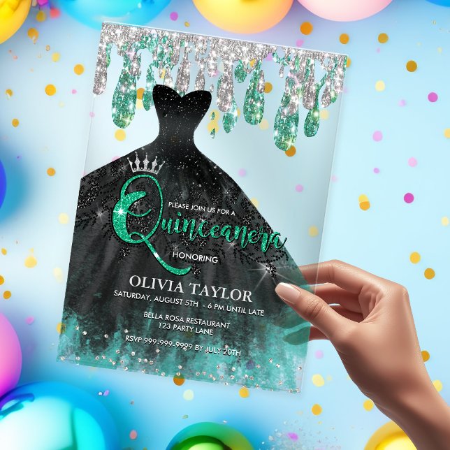 Chic green black dress crystal drips Quinceanera  Acrylic Invitations (Creator Uploaded)