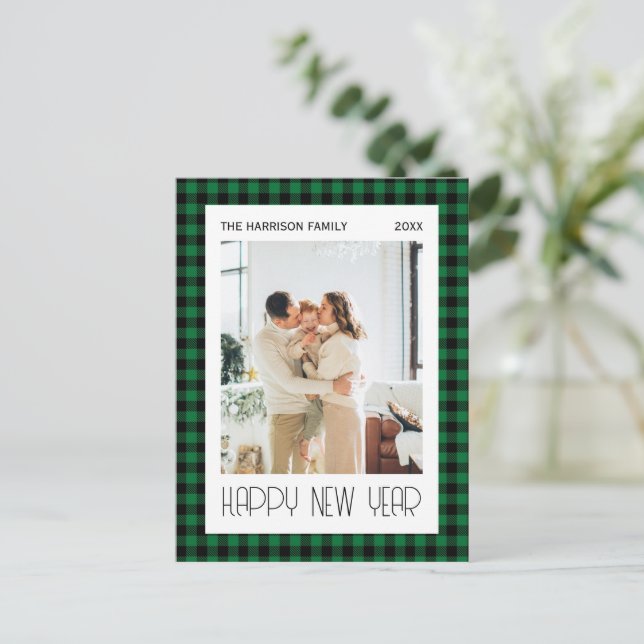 Chic Green Black Gingham Plaid New Year Photo  Postcard (Standing Front)