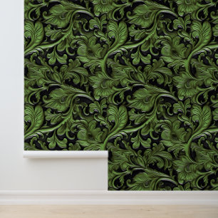 Chic green black tooled leather wallpaper