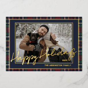 Chic Green Blue Red Plaid Gold Foil Family Photo Holiday Card