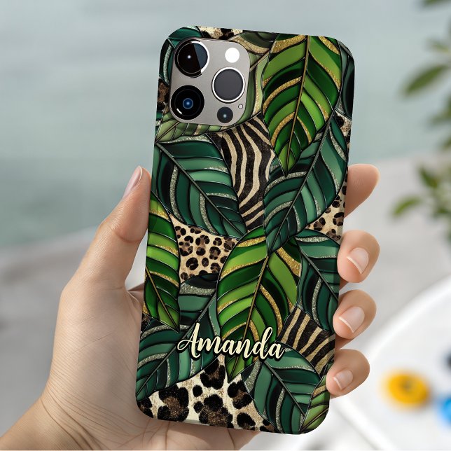 Chic Green Botanical Tropical Leopard Monogram Case-Mate iPhone Case (Creator Uploaded)