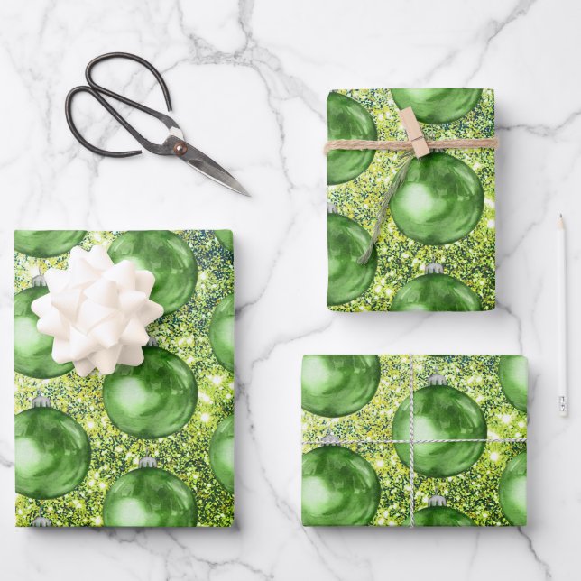 Chic Green Christmas Balls Glitter Sparkles Wrapping Paper Sheet (Front)