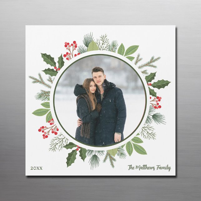 Chic Green Christmas Wreath Photo Magnet Card (Creator Uploaded)