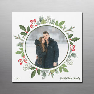 Chic Green Christmas Wreath Photo Magnet Card