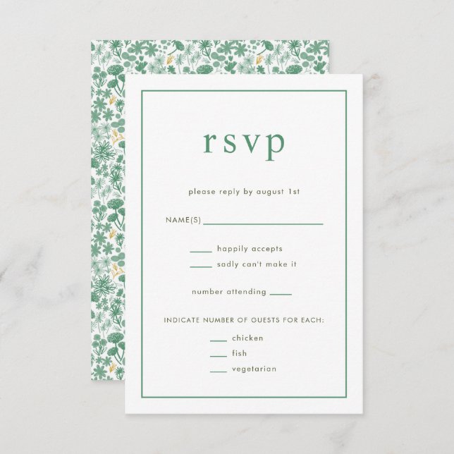 Chic Green Ditzy Floral Wedding  RSVP Card (Front/Back)