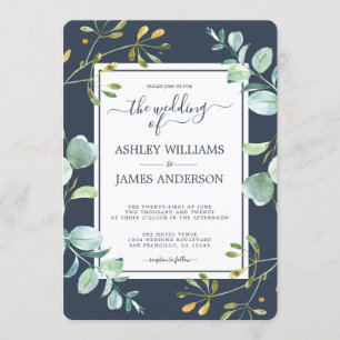 Chic Green Eucalyptus Navy Blue Botanical Wedding Invitation