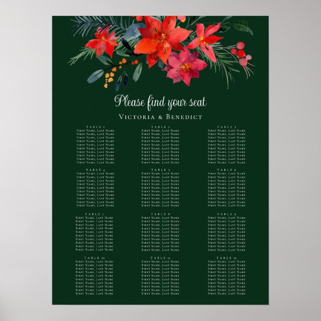Chic Green Floral Christmas Wedding Seating Chart (Front)