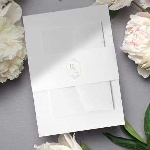 Chic Green Floral Frame Monogram Wedding Envelope Invitation Belly Band