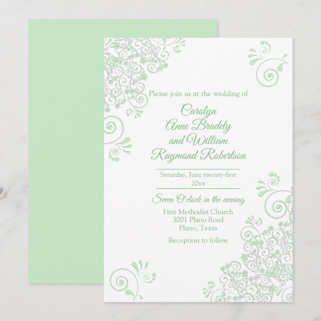 Chic Green Flourishes Wedding Invitation (Front/Back)