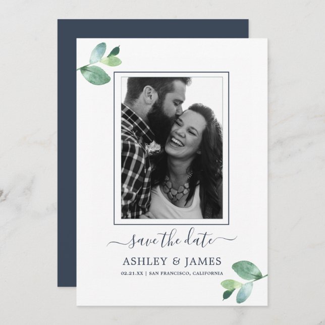 Chic Green Foliage Dark Blue Photo Save the Date Invitation (Front/Back)