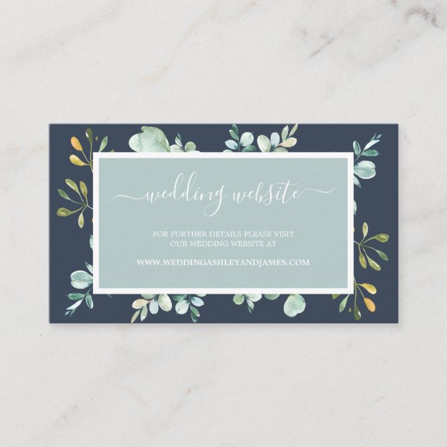 Chic Green Foliage Dark Blue Wedding Website Card (Front)