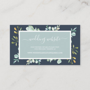 Chic Green Foliage Dark Blue Wedding Website Card