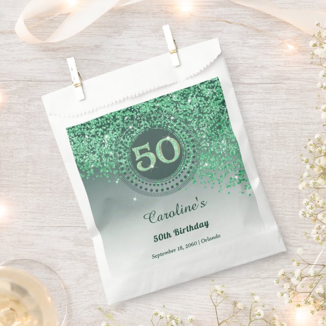 Chic Green Glitter & Dotted Frame 50th Birthday Favour Bag (Clipped)