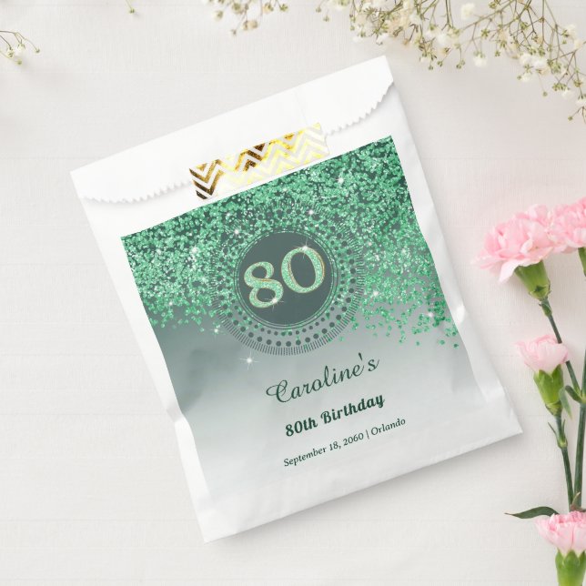 Chic Green Glitter & Dotted Frame 80th Birthday Favour Bag (Sealed)