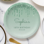 Chic Green Glitter Drip 18th Birthday Party Paper Plate<br><div class="desc">These chic,  elegant 18th birthday party paper plates feature a sparkly green faux glitter drip border and green ombre background. Personalise them with the guest of honour's name in green handwriting script,  with her birthday and date below in sans serif font.</div>
