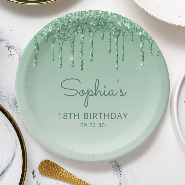 Chic Green Glitter Drip 18th Birthday Party Paper Plate (Creator Uploaded)