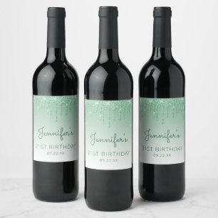 Chic Green Glitter Drip 21st Birthday Party Wine Label