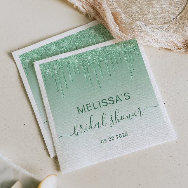 Chic Green Glitter Drip Bridal Shower Napkin (Creator Uploaded)