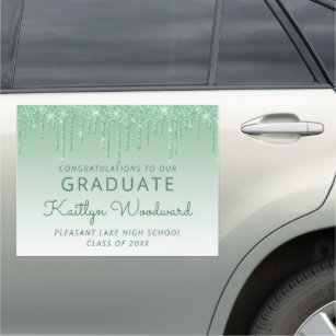 Chic Green Glitter Drip Graduation Car Magnet