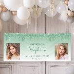 Chic Green Glitter Drip Two Photo 18th Birthday Banner<br><div class="desc">Welcome 18th birthday party guests with this chic, glamourous photo banner, featuring a sparkly green faux glitter drip border and green ombre background. Easily replace the two sample images with photos of the guest of honour. Personalise it with her name in green handwriting script, with the birthday and date in...</div>