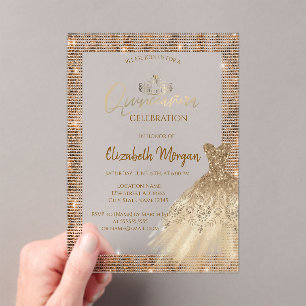 Chic Green Gold Dress Tiara,Diamonds Quinceañera Acrylic Invitations