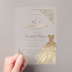 Chic Green Gold Dress Tiara,Diamonds Quinceañera Acrylic Invitations