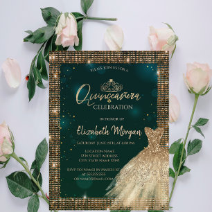 Chic Green Gold Dress Tiara,Diamonds Quinceañera Invitation