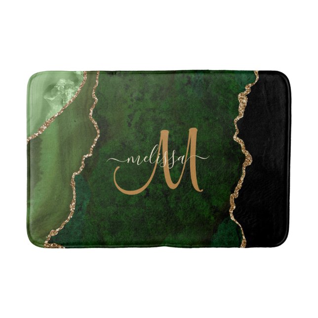 Chic Green Gold Glitter Agate Custom Monogram Bath Mat (Front)