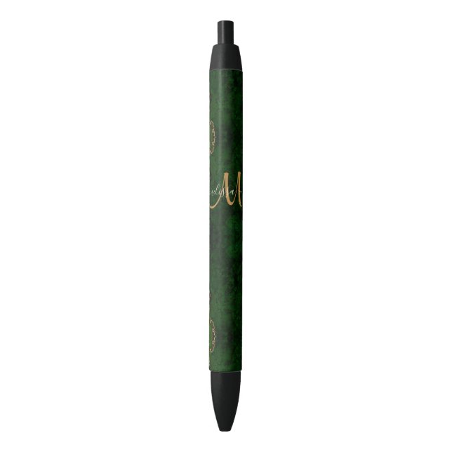 Chic Green Gold Glitter Agate Custom Monogram Black Ink Pen (Front Vertical)