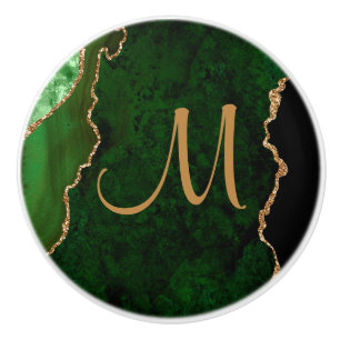 Chic Green Gold Glitter Agate Custom Monogram Ceramic Knob
