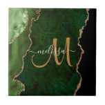 Chic Green Gold Glitter Agate Custom Monogram Ceramic Tile<br><div class="desc">This elegant personalised decorative tile features chic green agate accented with faux gold glitter. Personalise your monogram initial in hand lettered script with your name above. A unique girly gift for birthday,  holidays and any special occasion. Designed just for you by Extreme Tees!</div>
