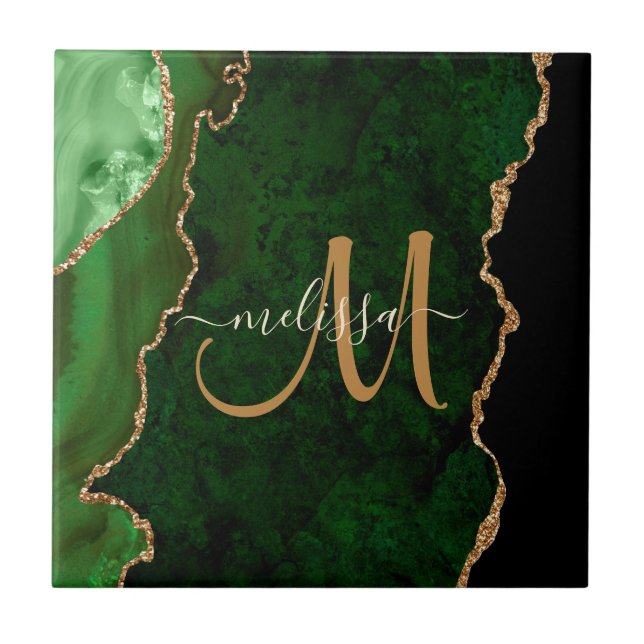 Chic Green Gold Glitter Agate Custom Monogram Ceramic Tile (Front)