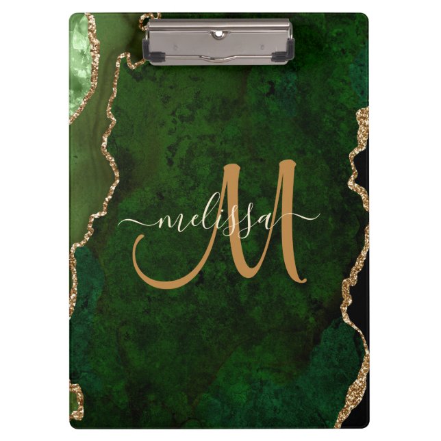 Chic Green Gold Glitter Agate Custom Monogram Clipboard (Front)