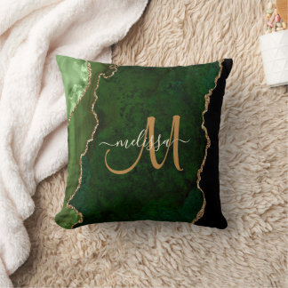 Chic Green Gold Glitter Agate Custom Monogram Cushion