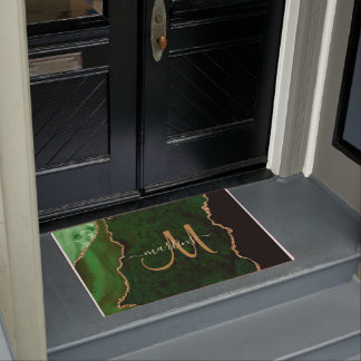Chic Green Gold Glitter Agate Custom Monogram Doormat