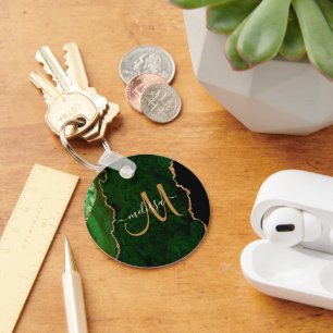 Chic Green Gold Glitter Agate Custom Monogram Key Ring