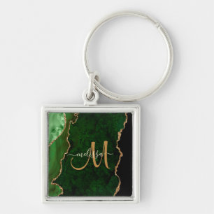 Chic Green Gold Glitter Agate Custom Monogram Key Ring